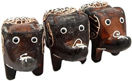 Hand Made Wood Artisans Gajah Tanduk Javanese Trumpeting Elephant Family Miniature Figurine Set 2.5" L