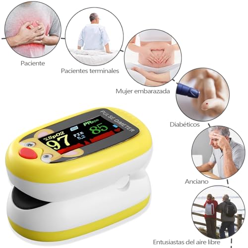 Oximetro pediatrico, oximetro digital recargable, puede monitorear la saturación de oxígeno en sangre, frecuencia del pulso y PI al mismo tiempo, adecuado para pruebas y monitoreo diarios (Amarillo)