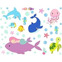 Mozamy Creative Sleeping Mermaid Wall Decals Girls Bedroom Wall Decals Mermaid Decals Under The Sea Peel and Stick Wall Decals