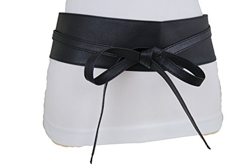 TFJ Women Fashion Wide Black Faux Leather Kimono Wrap Around Tie Belt High Waist S M