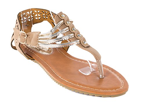 Victoria K Women Camel Open Toes Flat Clear Anklet Thong Sandals, 8