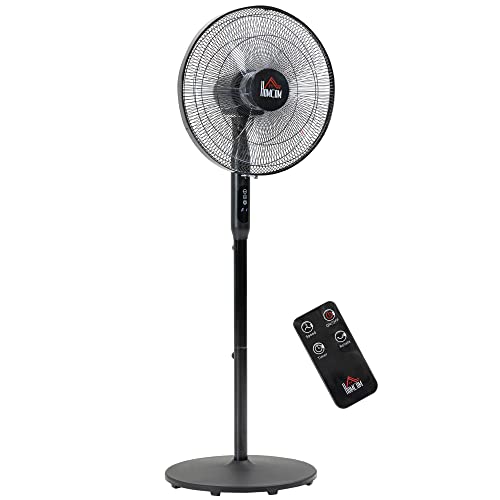 HOMCOM 16" Pedestal Fan with Remote, LED Control Panel, Tilted Head, Black | Standing Floor Fan with Height Adjustable, Timer, Oscillating, Bedroom