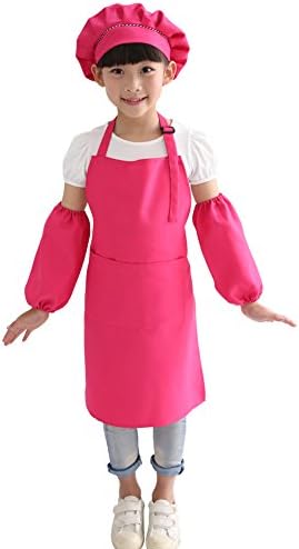 Children's Kitchen Cooking and Baking Wear Kit for those Chefs in Training ， Kids Apron, Chef Hat and Oversleeve Set (S, Fushcia)