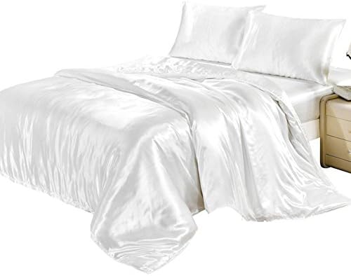 Fanatical Purchase FP 4pcs Silk Sheet Set Queen King Size Satin Solid Color Bedding Set with Deep Pocket Fitted Sheet Silk Pillowcase for Hair and Skin (White -Single)