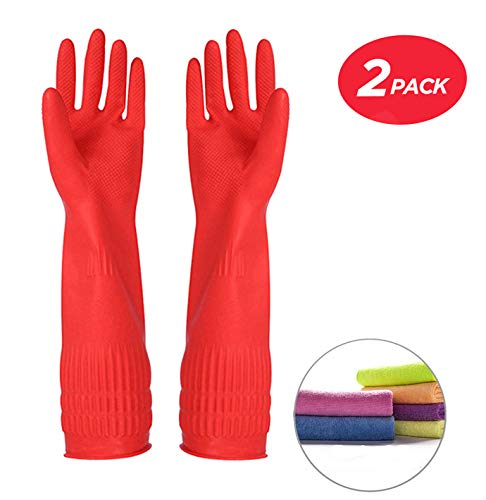 Rubber Cleaning Gloves Kitchen Dishwashing Glove 2-Pairs and Cleaning Cloth 2-Pack,Waterproof Reuseable. (Medium)