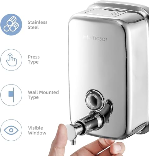interhasa! Manual Soap Dispenser, Commercial Stainless Steel Wall Mounted Hand Soap Dispenser for Bathroom Kitchen 500ml/17oz, Sliver