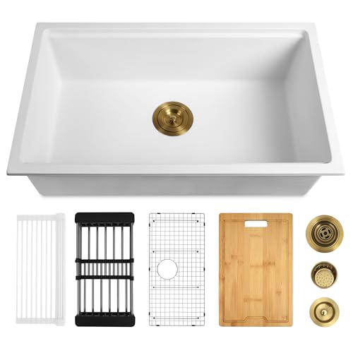 YAQUN White Undermount Kitchen Sink 32 Inch - Drop in Granite Quartz Composite Workstation Sink - Deep Single Bowl,Dual Mount,with Accessories