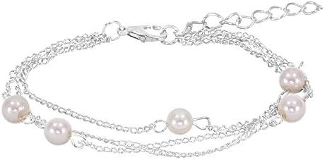 Chain Link Charm Multi Layer Bracelet with faux pearls Anklet Nickel Free For Women Stainless Steel (Silver)