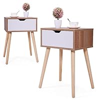 JAXSUNNY Mid-Century Solid Wood Legs Side Table, Bedside Table Nightstand End Table, with White Storage Drawer 23.1" H - Set of 2 in Walnut