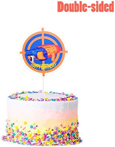 Cake Topper for Nerf Party, Target Gun Happy Birthday Decorations Party Cake Toppers for Nerf War Theme - Double sided