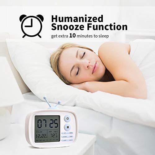 Alarm Clock for Kids, One Fire LED Digital Alarm Clock with Snooze Function Wake Up Light with 5 Loud Sounds, Easy to Operate Time Memory Temperature Display and USB Charging Port Girls Gifts (White)