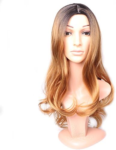Favor Black And Brown Ombre Long Body Wave Heat Resistant Synthetic Middle Part Cosplay&amp;Daily Wear Full Wigs For Women With Free Wig Cap