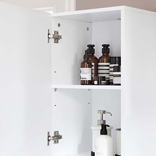 SoBuy Tall Slim Bathroom Storage Cabinet with 2 Doors and 1 Drawer, Long Cabinet Storage Narrow Standing Storage Cupboard for Laundry Room, Kitchen and Corner Spaces, White, BZR91-W