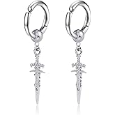 Punk Sword Dagger Non-piercing Clip on Dangle Drop Small Hoop Earrings for Men Women Gothic Fake Pierced Kpop Religious Christian Hypoallergenic Stainless Steel Hanging Cool Birthday Bff Gift