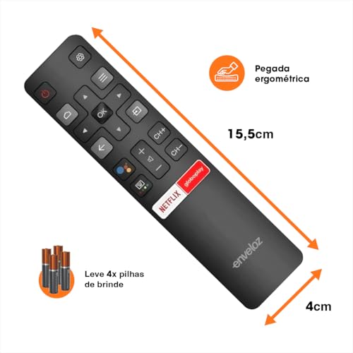Kit 2 Controle Remoto Para Tv Tcl 4k Smart Android Teclas Netflix Globoplay GooglePlay Semp Tcl 32S6500S 40S6500FS 43S600FS 43 50 55 Polegadas Led Lcd Hd Uhd Oled e Qled Marca Enveloz