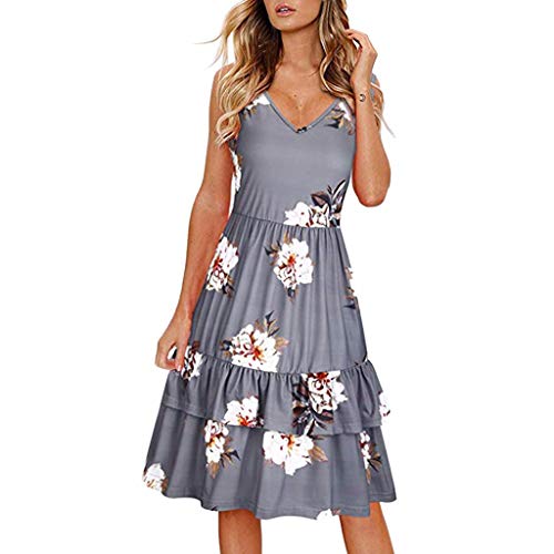 Witspace Women's Beach Summer V-Neck Floral Printed Sleeveless Ruffle Swing Dress - Thumbnail 5