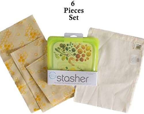 MightyKitchen Food Storage Bundle, Eco-friendly, Sustainable, Reusable, 1 Stasher Silicone Sandwich Bag(solid lime) + 1 EcoBags Gauze Bag -100% Cotton+Beeswax Food Wrap set of 3-1 L, 1 M, 2 S