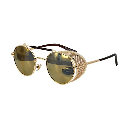 Ucspai Steampunk Sunglasses Goggles Gold Frame with Reflective Lens