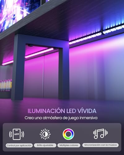 Secretária de jogos com luzes LED e tomadas de alimentação embutidas, secretária com prateleira para 2 monitores, mesa de quarto de escritório, 100 x 55 cm, preto ébano LWD191B56V2