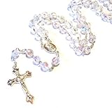 Silver Plated Necklace Rosary Crystal CLEAR Glass Beads & Jesus Crucifix and Jerusalem Cross