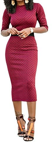 WorkTd Women's Geometric Print Empire Waist Cocktail Midi Bodycon Dress Wine L