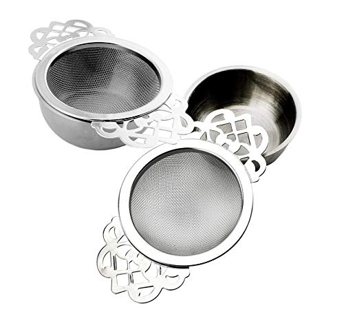 Empress Tea Strainers with Drip Bowls (2 Pack); Elegant Stainless Steel Loose Leaf Tea Strainers (2)