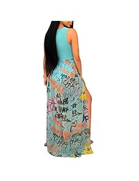 Vestido de malla de graffiti sexy para mujer - Vestido largo con hombros descubiertos y hombros descubiertos