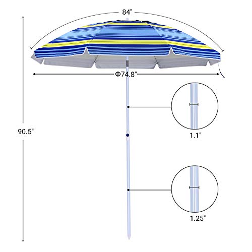 SONGMICS 7 Feet Fiberglass Beach Umbrella, Heavy Duty Outdoor Sports Umbrella, Sun Shade with Tilt Mechanism, Carry Bag - for Beach, Gardens, Balcony and Patio Blue and Yellow Stripes UGPU07UY