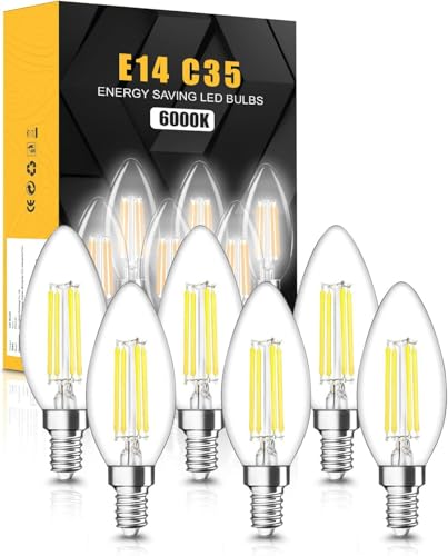 tuare E14 LED Light Bulb, 4W 400 Lumens E14 LED Light Bulb Cool White 6000K, 40W Equivalent SES Small Edison Screw Light Bulbs, CRI 80 Candle Bulb, Non Dimmable - Pack of 6