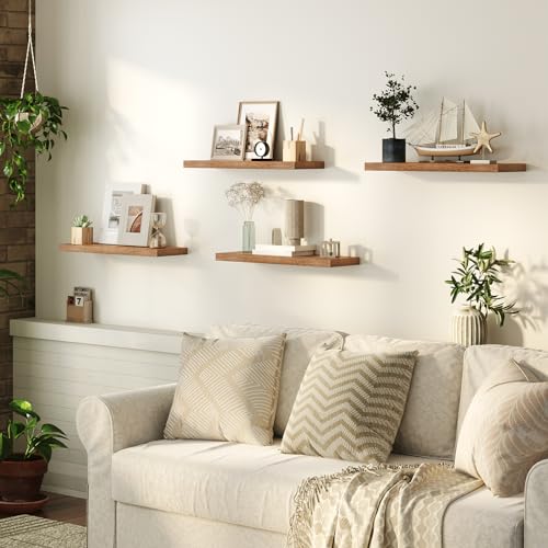HOOBRO Floating Shelves for Wall, Wooden Floating Shelves Set of 2, Wall Mounted Shelf for Living Room, Bathroom, Bedroom, Floating Shelf with Invisible Bracket, Rustic Brown EBF60BJ01