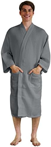 Men’s Waffle Robe, Lightweight Cotton Shower Long Bathrobe for Travel or Spa Grey XXL