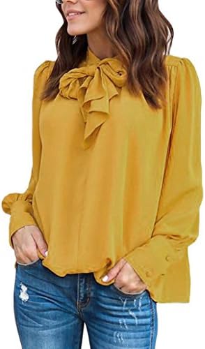 iCystore 2018 New Fashion Women Casual Chiffon Long Sleeve Solid Nature Waistline Bow Tops T-Shirt Blouse (M, Yellow)