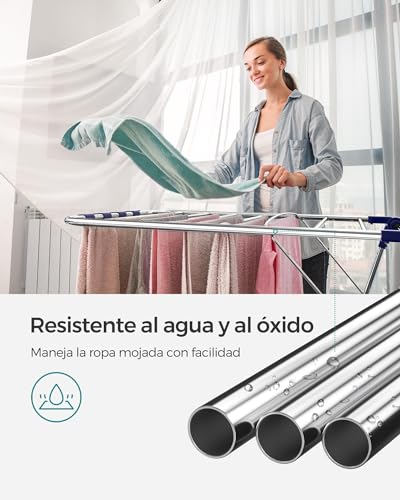 SONGMICS Tendedero de Ropa Plegable,Alas Ajustables, 33 Barras y 27 Pinzas, Perchero Metálico para Ropa Sucia, Plata y Azul MLLR52BU