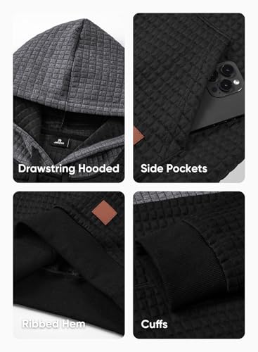 JMIERR MEN’S PLAID HOODIES DRAWSTRING KNIT HOODIE PULLOVER CASUAL WAFFLE HIPSTER SWEATSHIRTS LONG SLEEVE SWEATERS, US38(S), A BLACK