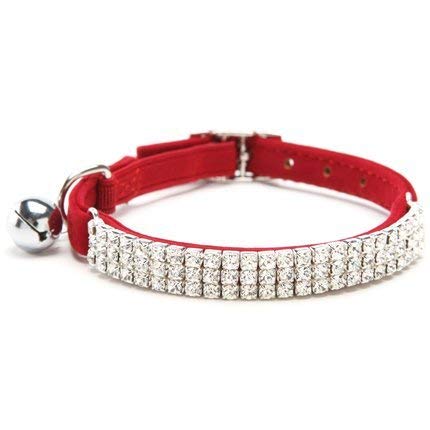 CHUKCHI HUKCHI Soft Velvet Safe Cat Adjustable Collar Bling Diamante With Bells,11 inch for small dogs and cats (Red) …