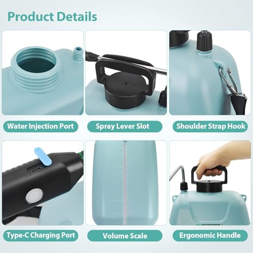 Uniiking® 1.35 Gallon/5L Battery Powered Electric Sprayer with USB Rechargeable Handle, Portable Garden Sprayer with 23.6" Telescopic Wand, 3 Mist Nozzles and Adjustable Shoulder Strap