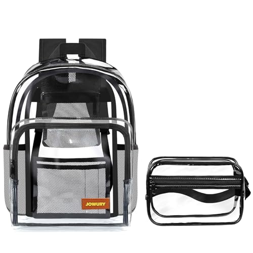 JOWURY Clear Backpack - Heavy Duty PVC Material, Large Clear Book Bag for College Workplace Safety (17 Inch + Waist Bag)