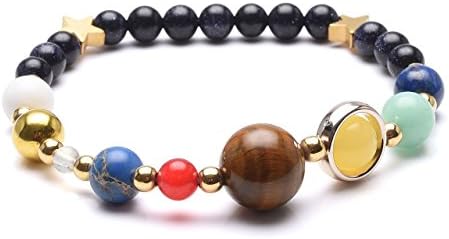 Top Plaza Natural Reiki Healing Gemstone Lava Stone Aromatherapy Essential Oil Diffuser Bracelet Unique Golden Tone Solar System Nine Planets Elastic Bracelets(Blue Quartz)