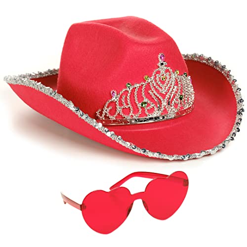 Funcredible Red Cowboy Hat and Glasses – Preppy Cowgirl Hat with Tiara – Sparkly Cowboy Hat Costume Accessories for Women at Amazon
