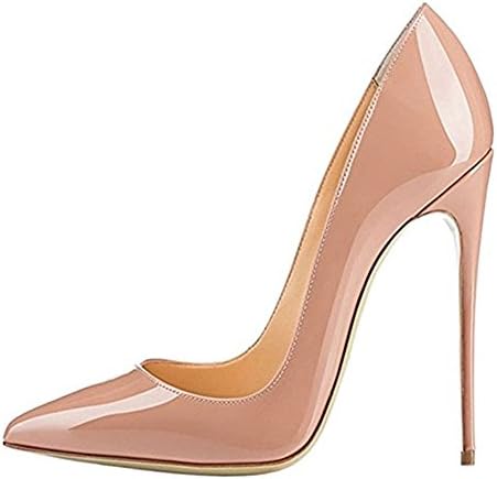Women Pumps Closed Pointed Toe Stiletto High Heels Patent Leather For Wedding Party Dress Shoes(7, Nude)