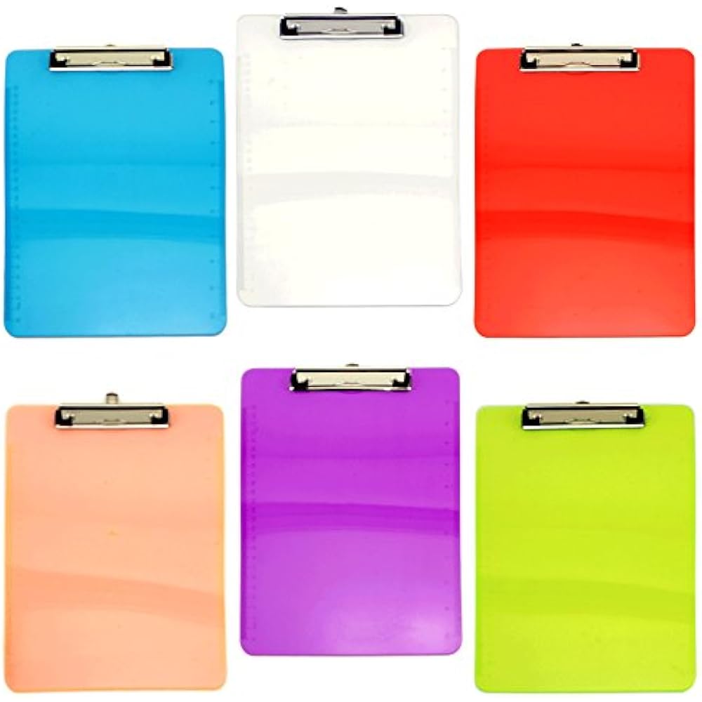 Set 6 Standard Size Clipboards Clear Colorful Transparent Mix Assorted