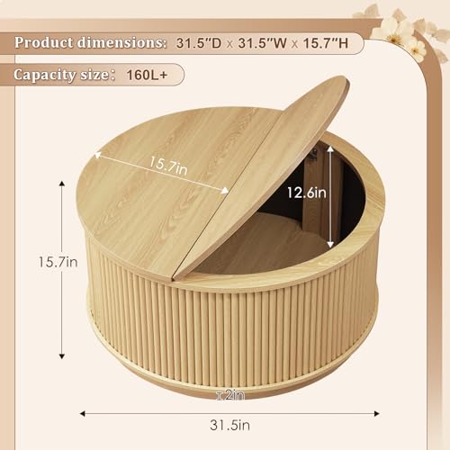 LYNCOHOME Round Coffee Table, Round Wooden Coffee Table with Storage, Fluted Modern Coffee Tables for Living Room Home Office, Natural