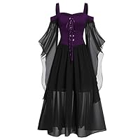 Ptmen Womne Plus Size Cold Shoulder Butterfly Sleeve Lace Up Halloween Dress Purple