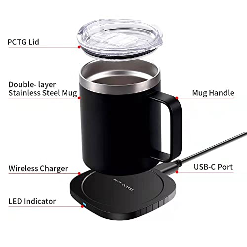 Smart Heated Coffee Mug for Office/Travel/Home, Coffee Mug Warmer with Wireless Charging, Constant Temperature, Double Vacuum Insulation, Gift for Winter & Coffee Drinker (Black)