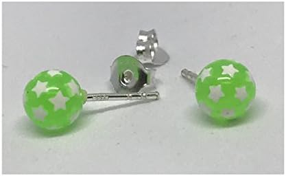 Children's Green Ball with Little White Stars Earrings - Silver Ear Studs with Plastic Part