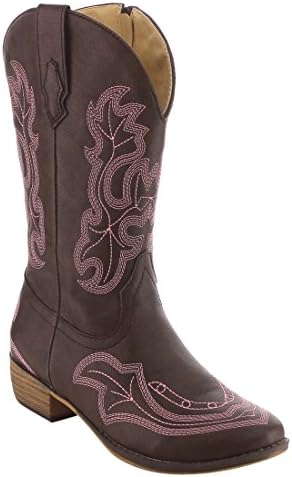 BETANI Ebony-4 Girl's Kids Western Embroidered Mid Calf Cowgirl Block Heel Boots