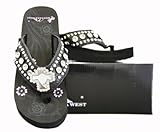 Montana West Women Wedged Flip Flops Crystal Cross Concho Black
