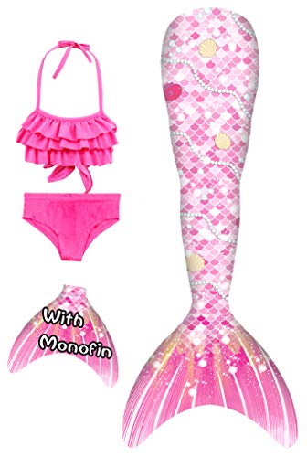 YORKING Mermaid Tail for Swimming with Monofin - Cosplay Costume Bikini Swimsuit for Girls - Pearl princess-4pcs-140 - Thumbnail 2