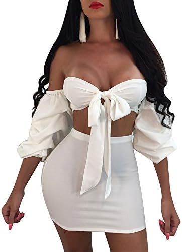 Women's Night Out Dress Set Bubble Sleeve Off Shoulder Tops and Mini Skirt White XL