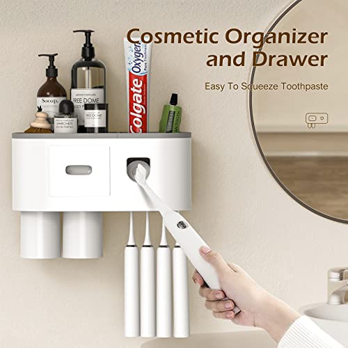 Toothbrush Holder Wall Mounted for Bathrooms, LJ KuKu Lady Toothbrush and Automatic Toothpaste Dispenser Squeezer, with 2 Magnetic Cups, 4 Organizer Slots, Drawer Storage Tray